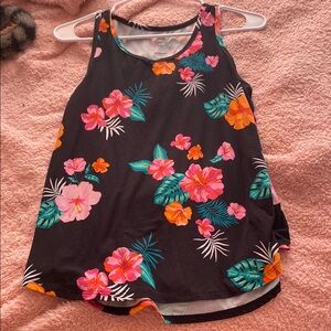 Floral Sleeveless Top - Black with Pink and Orange Accents